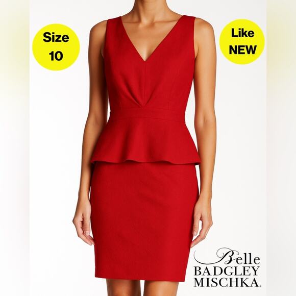 💋BADGLEY MISCHKA ♥️ Red Peplum Sheath V-Neck Dress (Women’s Size 10) 🔥 Like NEW - Picture 1 of 6